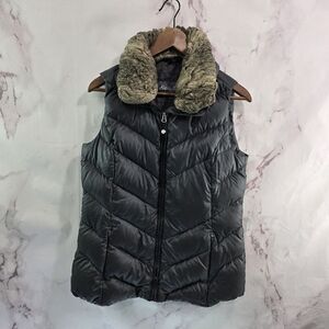 Eddie Bauer Down Vest Womens Small Gray Zip Faux Fur Quilted Puffer Coat 650 FP